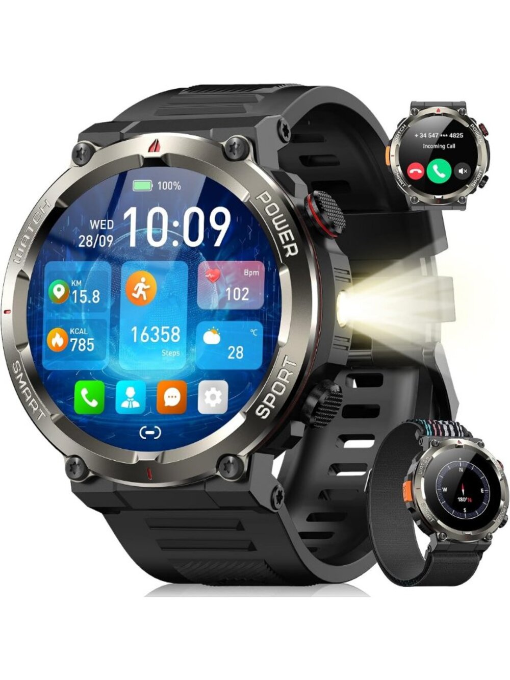 Rugged Outdoor Smartwatch for Men | 100-Day Battery, Heart Rate, Compass, Calls